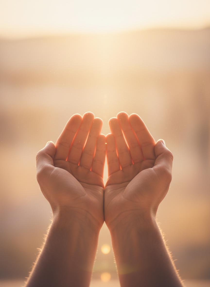 Soft, warm-toned scene of open hands extended upward in prayer, golden light filtering through, peaceful and spiritual atmosphere, no text, minimal and serene composition