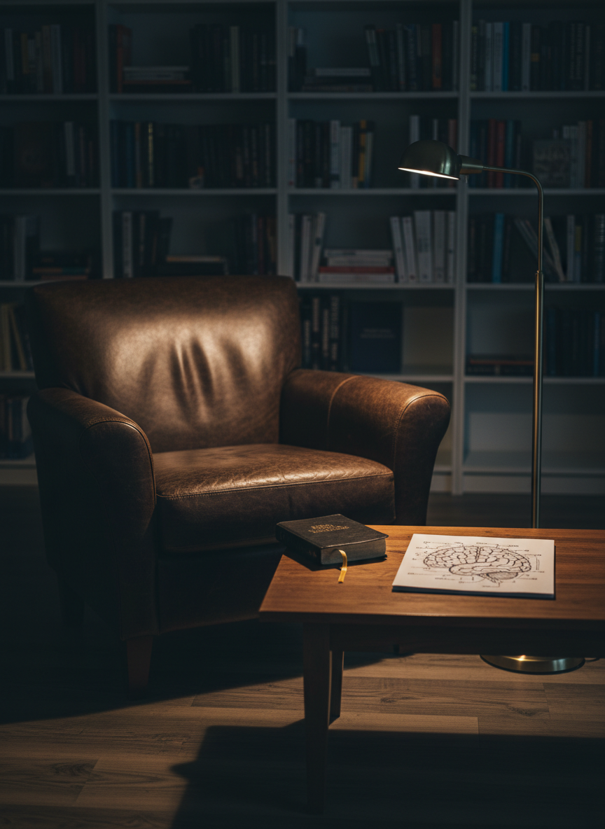 Un sillón de cuero oscuro, amplio y robusto, vacío, frente a una mesita baja donde descansan una Biblia cerrada con una cinta dorada y un cuaderno con un esquema de cerebro dibujado.