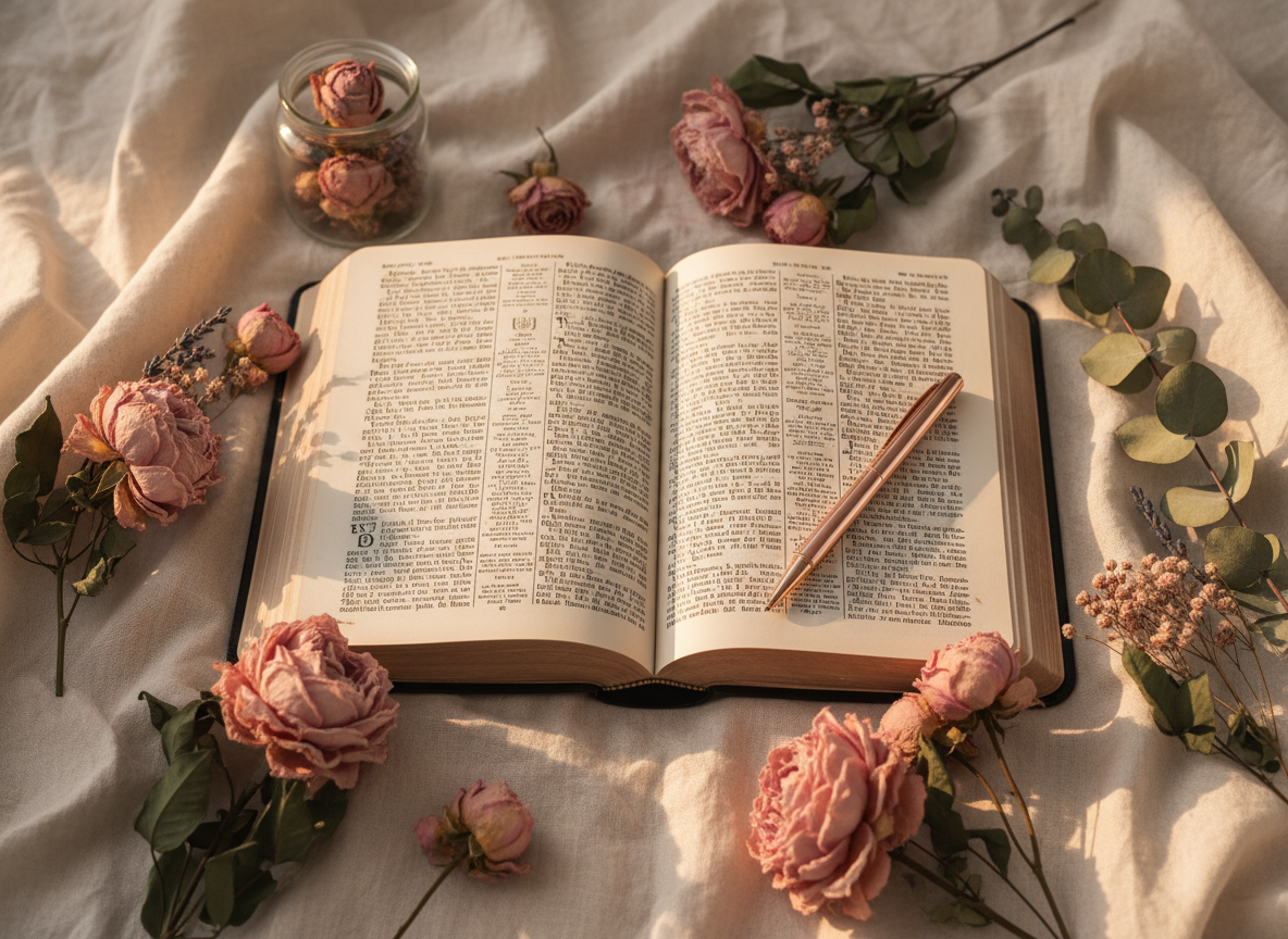 Una Biblia abierta reposa sobre un escritorio de madera oscura, junto a un modelo anatómico detallado de un cerebro translúcido.